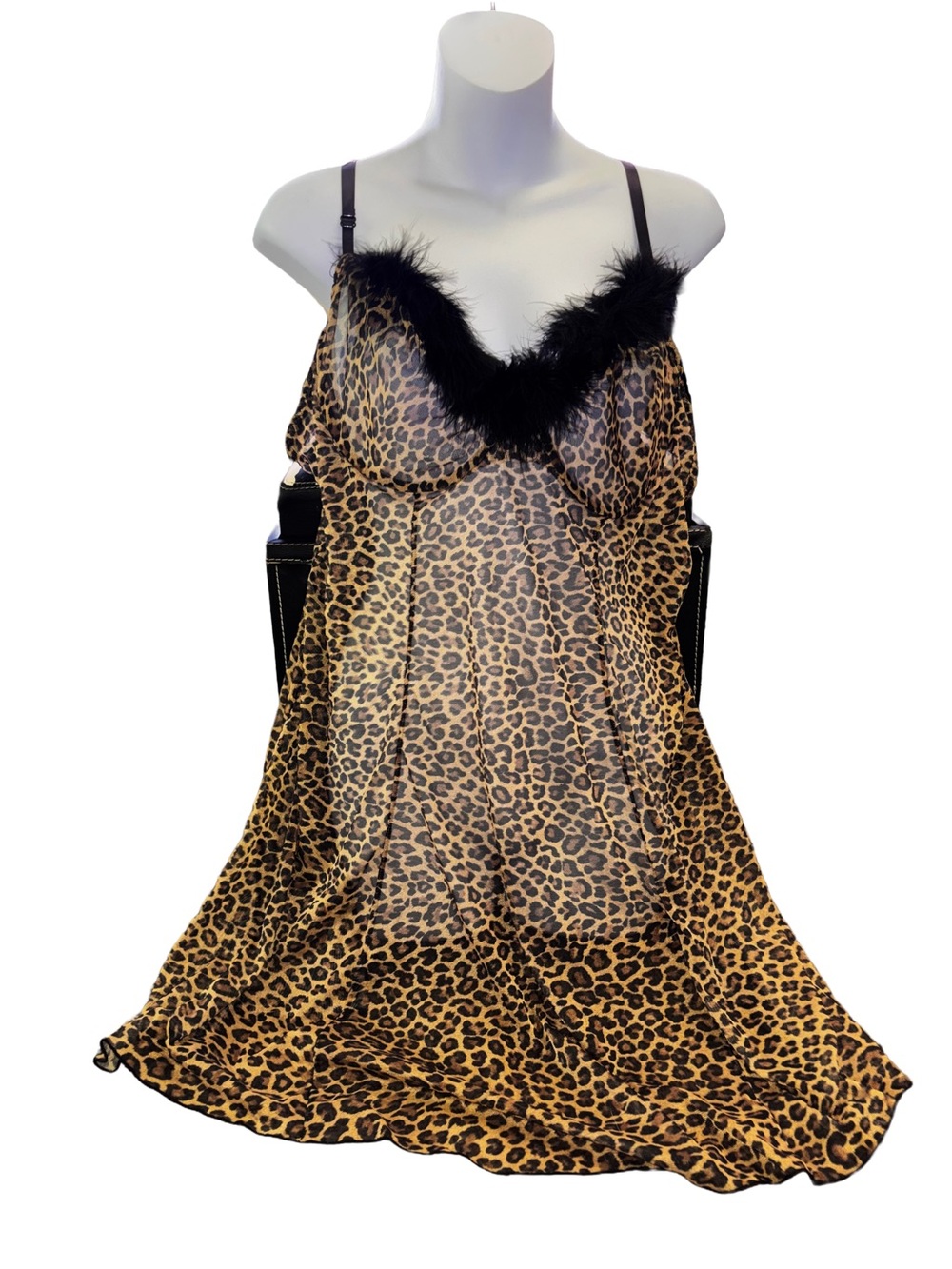 (3 for $15) Fashion Bug Vintage Leopard Print Satin Chemise with Black Faux Fur